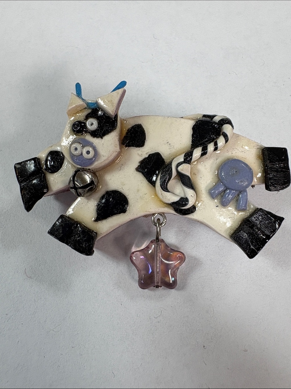 Whimsical Cow Brooch with Star Charm - Cream & Black
